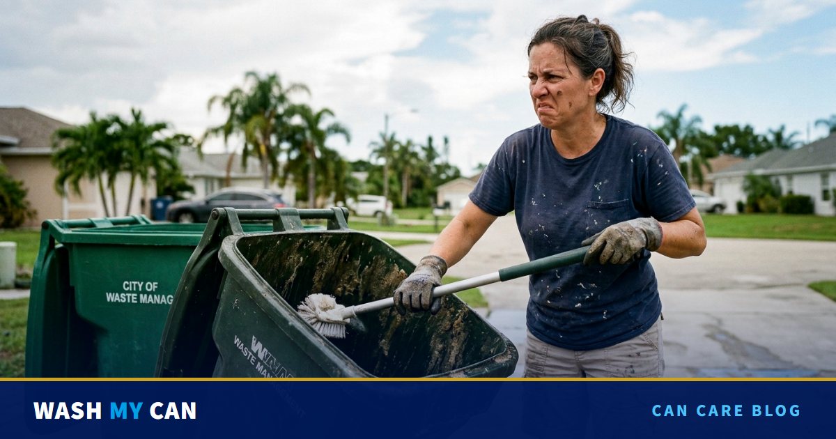 A woman in work gloves grimaces as she scrubs a grimy green trash can with a long brush on a wet Florida driveway