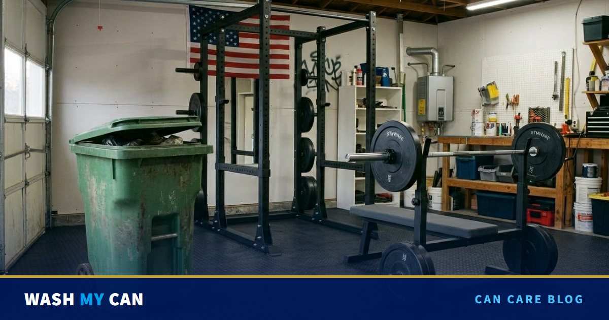 A garage home gym with a black squat rack, a loaded barbell on a bench and rubber floor mats, and a dirty, stained green trash can with its lid propped open on garbage bags beside the garage door
