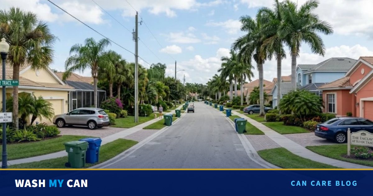 A palm lined Florida HOA street with green and blue trash cans set out at the curb in front of tile roofed homes