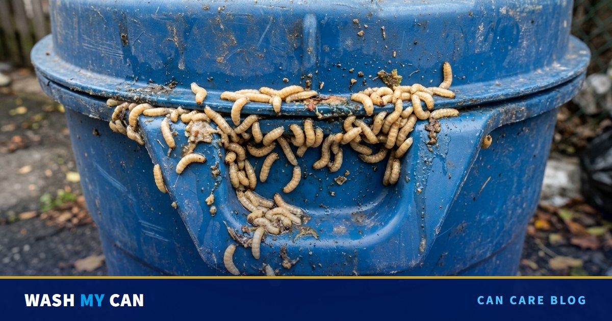 Close-up of maggots crawling along the rim and handle of a dirty blue trash can