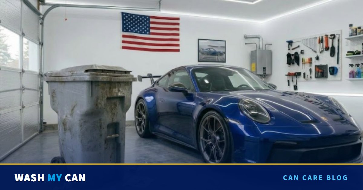 A glossy blue sports car parked in a spotless white garage beside a filthy, stained gray trash can