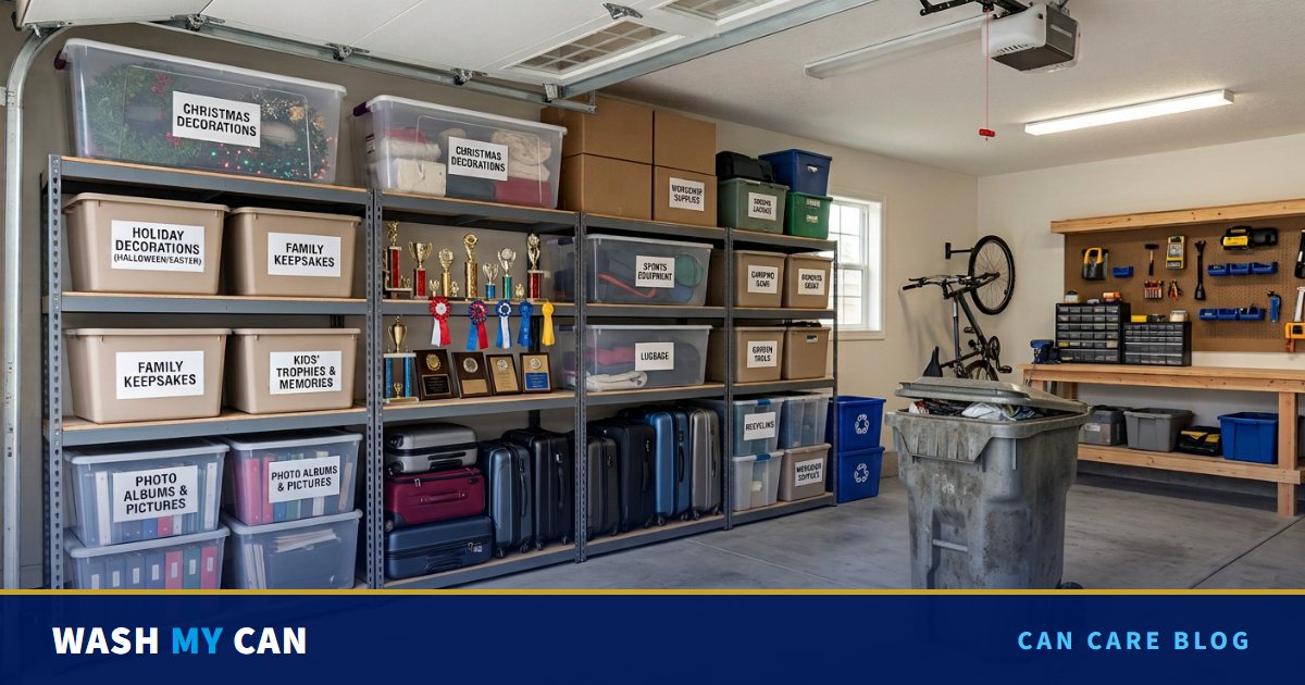 A tidy garage with shelves of labeled storage totes holding family keepsakes, photo albums and holiday decorations, next to a grimy gray trash can on wheels