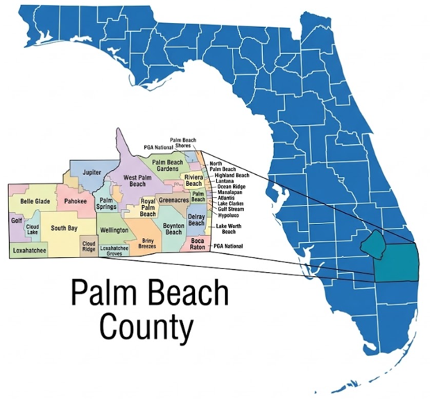 Map of Palm Beach County, FL highlighted within the state of Florida, with an inset showing the cities and communities we serve